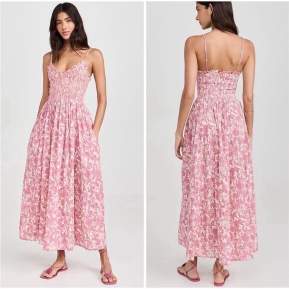 NEW Free People Sweet Nothing Smocked Maxi Dress Womens Medium Rose Pink Floral - Picture 1 of 16
